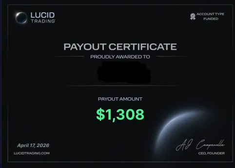 Lucid Trading payout certificate for $1,308