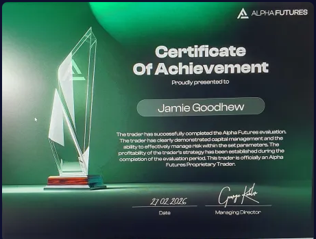 Alpha Futures Certificate of Achievement presented to Jamie Goodhew