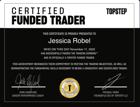 Topstep Certified Funded Trader certificate presented to Jessica Robel