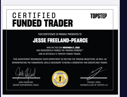 Topstep Certified Funded Trader certificate presented to Jesse Freeland-Pearce